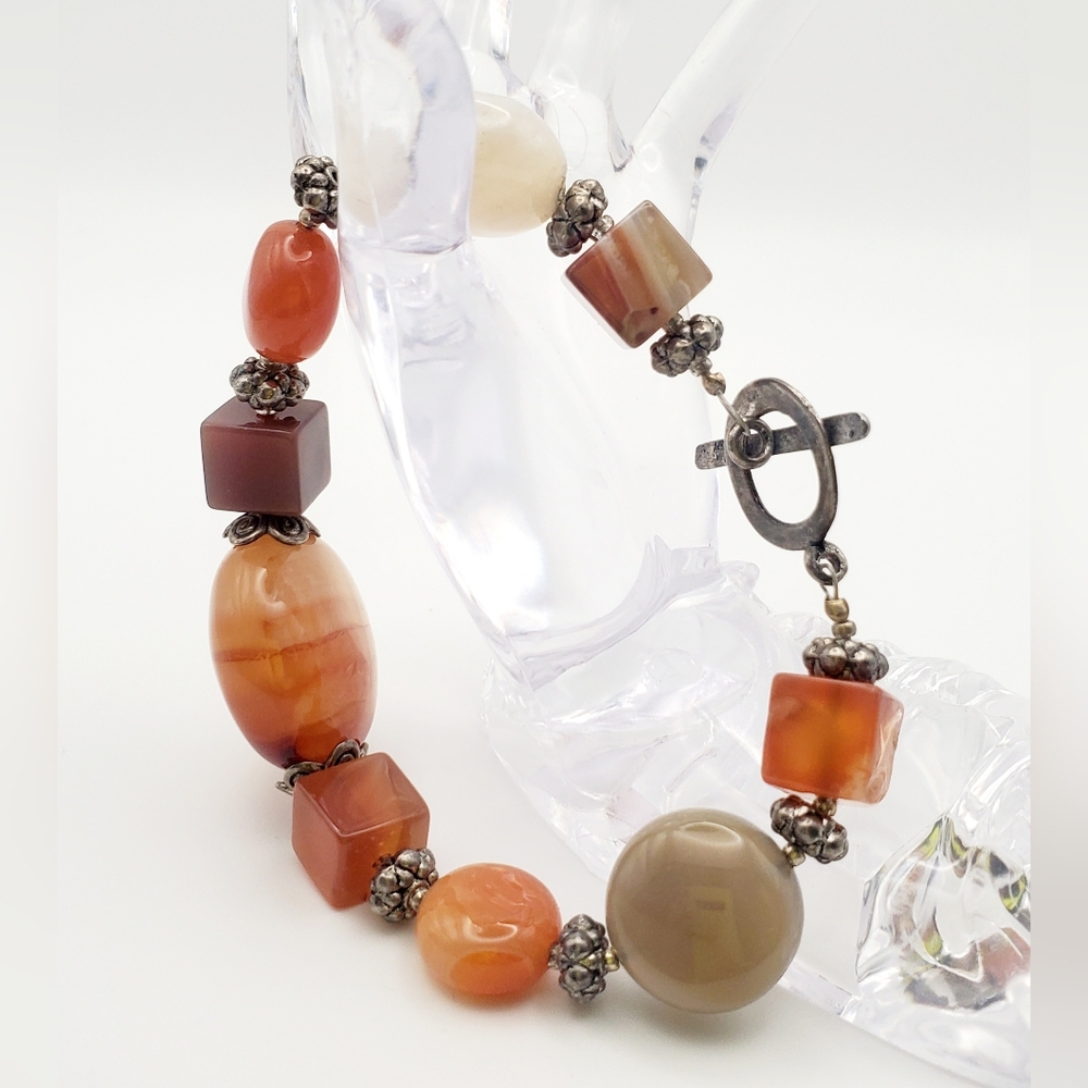 Vtg Marblized Strung Glass Beads Bracelet Silvertone T-clasp Earthy Tones Boho
